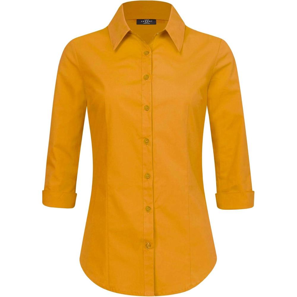 imageMade By Johnny MBJ Womens Solide 34 Sleeve Stretchy Button Down Collared Office Formal Casua Blouse S3XLWt1947darkmustard