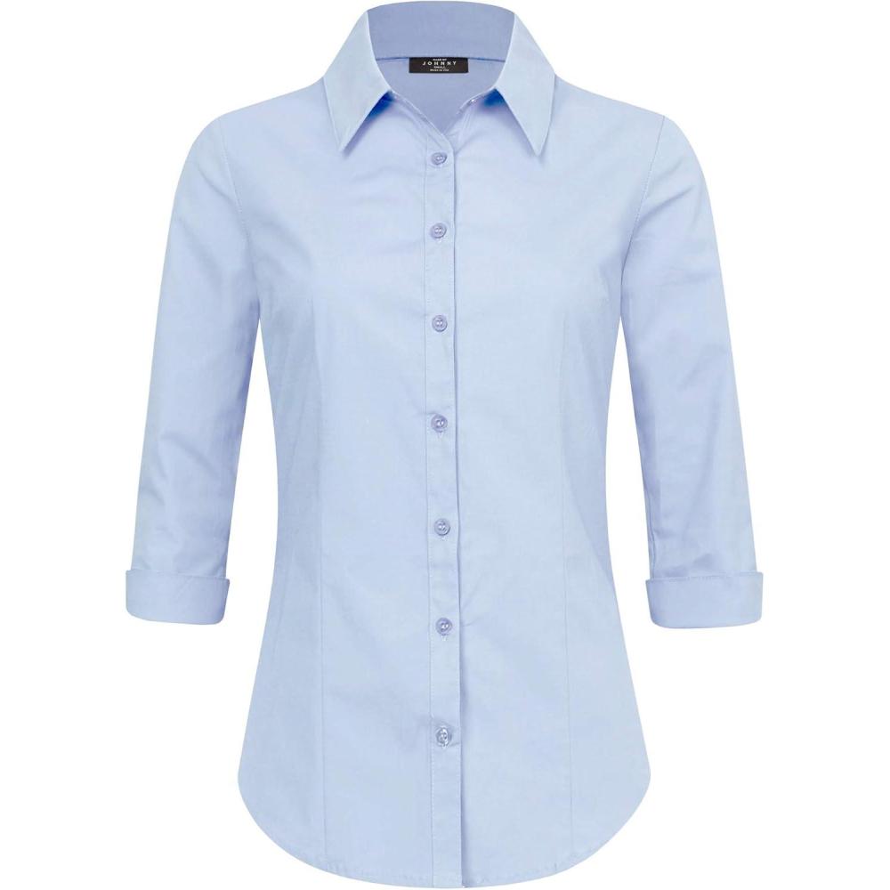 imageMade By Johnny MBJ Womens Solide 34 Sleeve Stretchy Button Down Collared Office Formal Casua Blouse S3XLWt1947dustyblue
