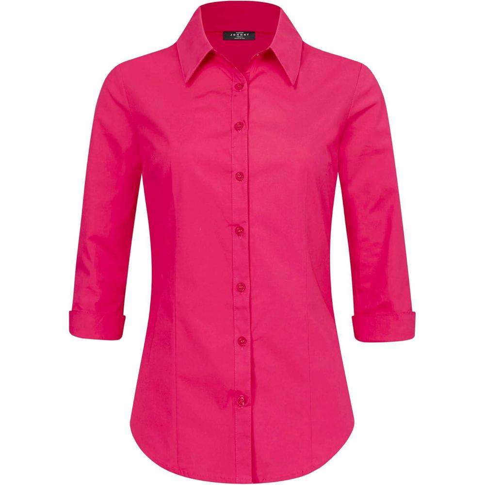 imageMade By Johnny MBJ Womens Solide 34 Sleeve Stretchy Button Down Collared Office Formal Casua Blouse S3XLWt1947fucshia