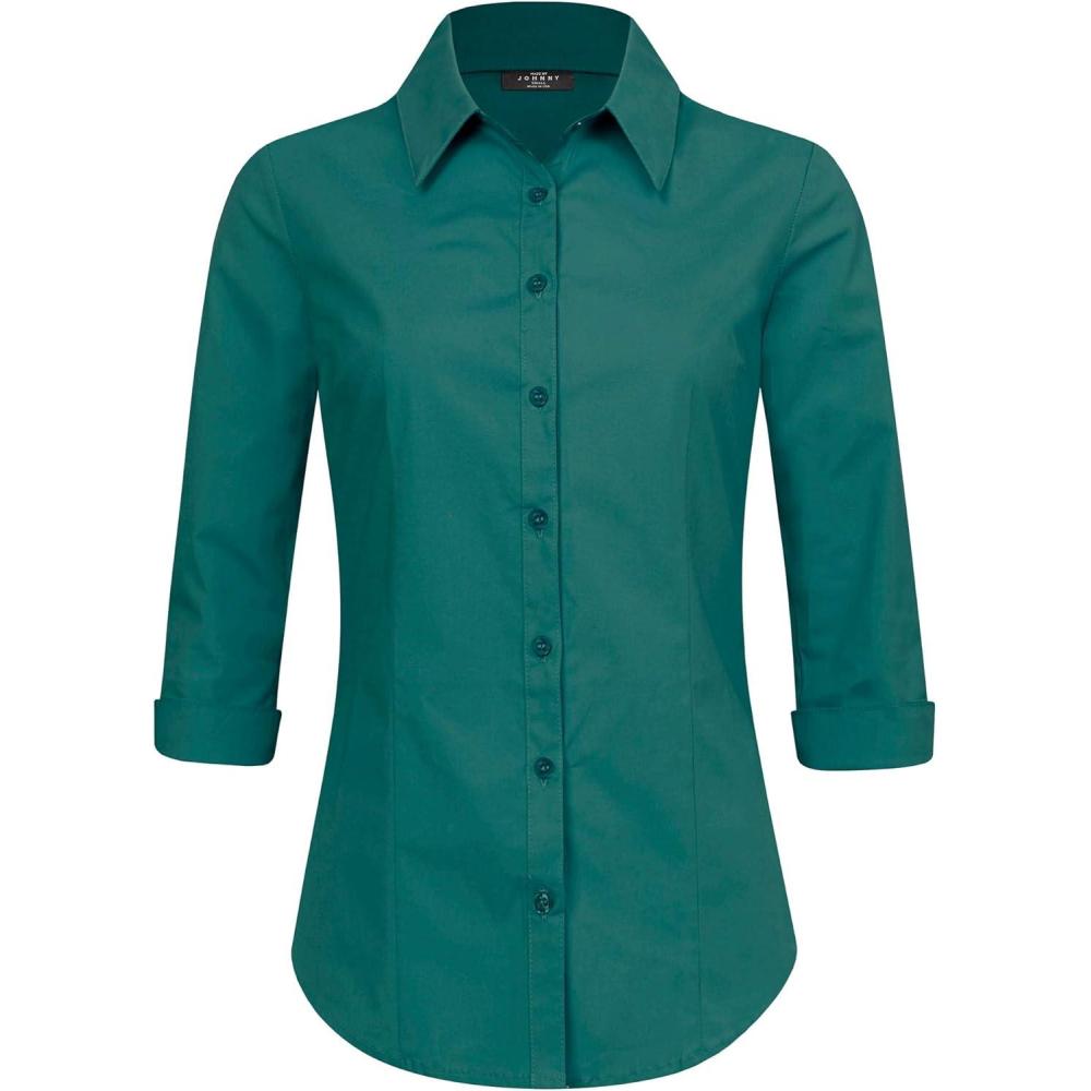 imageMade By Johnny MBJ Womens Solide 34 Sleeve Stretchy Button Down Collared Office Formal Casua Blouse S3XLWt1947huntergreen