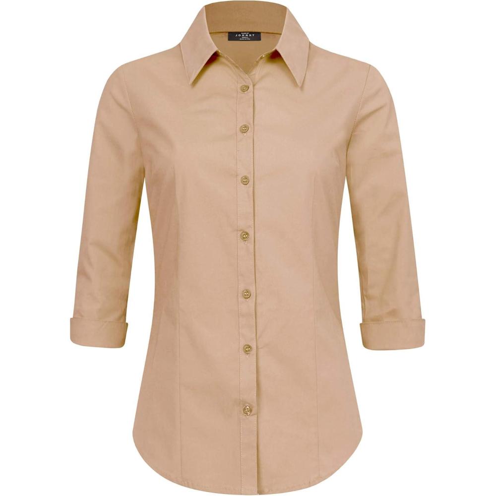 imageMade By Johnny MBJ Womens Solide 34 Sleeve Stretchy Button Down Collared Office Formal Casua Blouse S3XLWt1947khaki