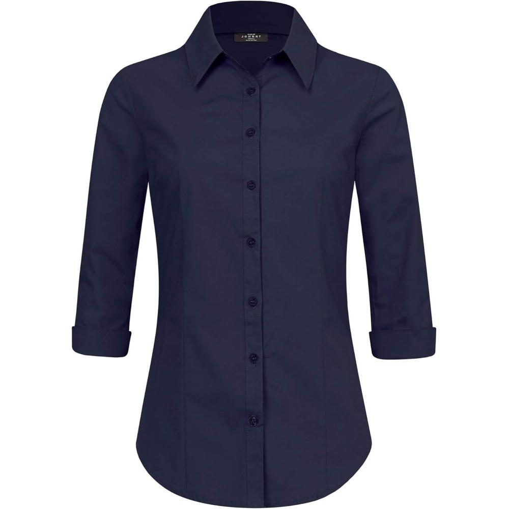 imageMade By Johnny MBJ Womens Solide 34 Sleeve Stretchy Button Down Collared Office Formal Casua Blouse S3XLWt1947newnavy