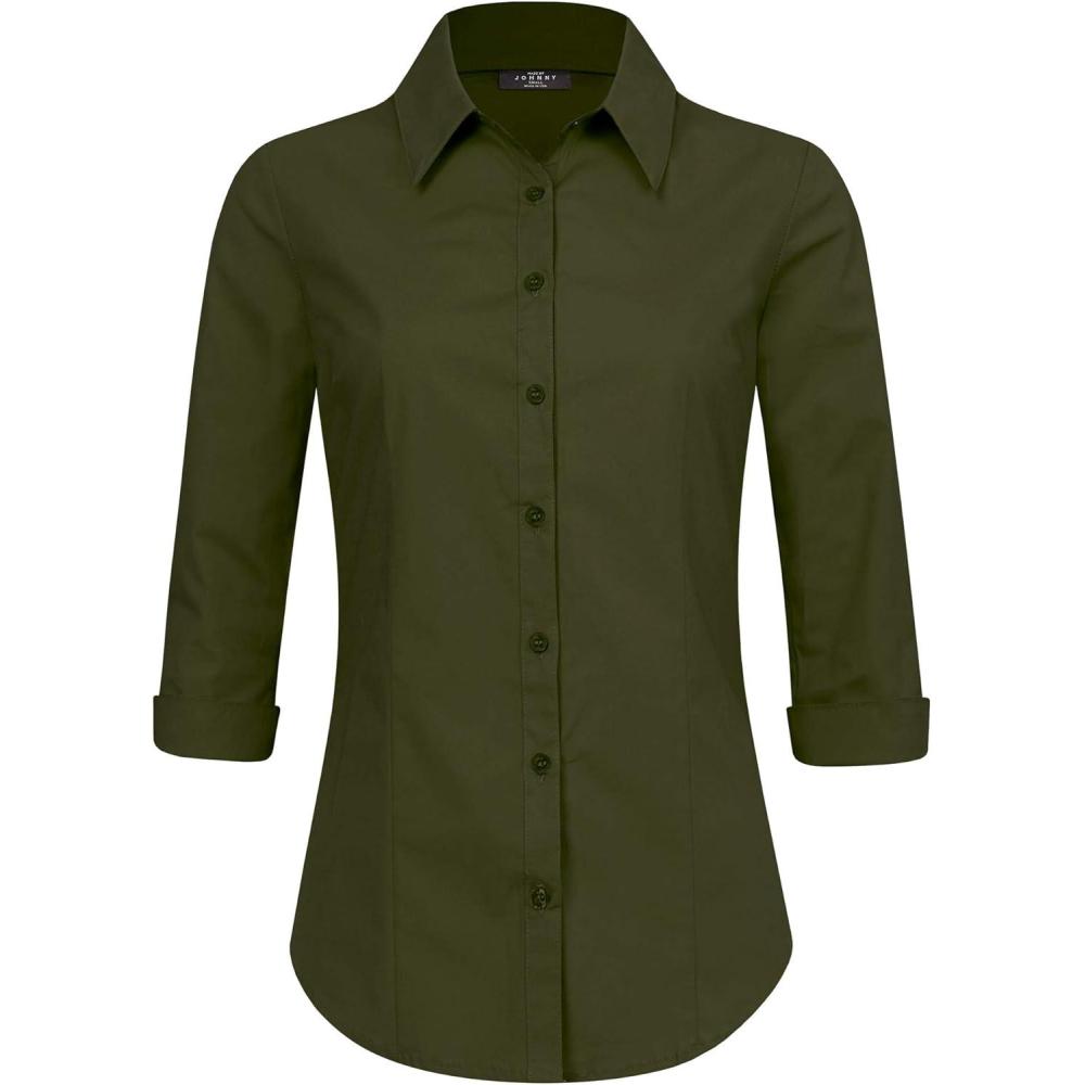 imageMade By Johnny MBJ Womens Solide 34 Sleeve Stretchy Button Down Collared Office Formal Casua Blouse S3XLWt1947newolive