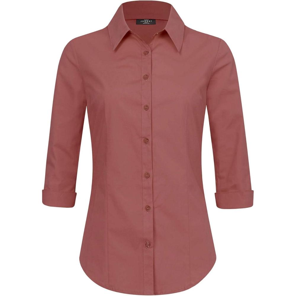 imageMade By Johnny MBJ Womens Solide 34 Sleeve Stretchy Button Down Collared Office Formal Casua Blouse S3XLWt1947redbean