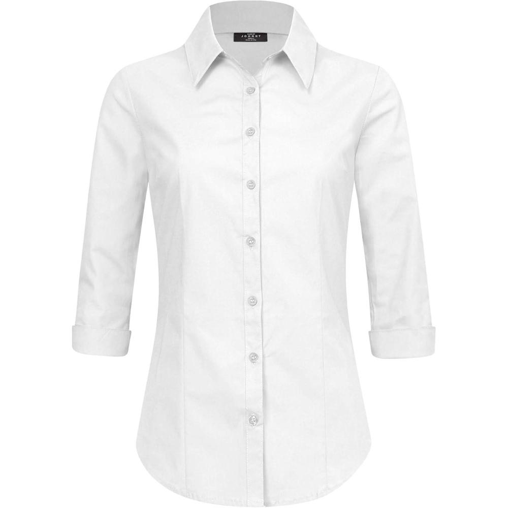 imageMade By Johnny MBJ Womens Solide 34 Sleeve Stretchy Button Down Collared Office Formal Casua Blouse S3XLWt1947white