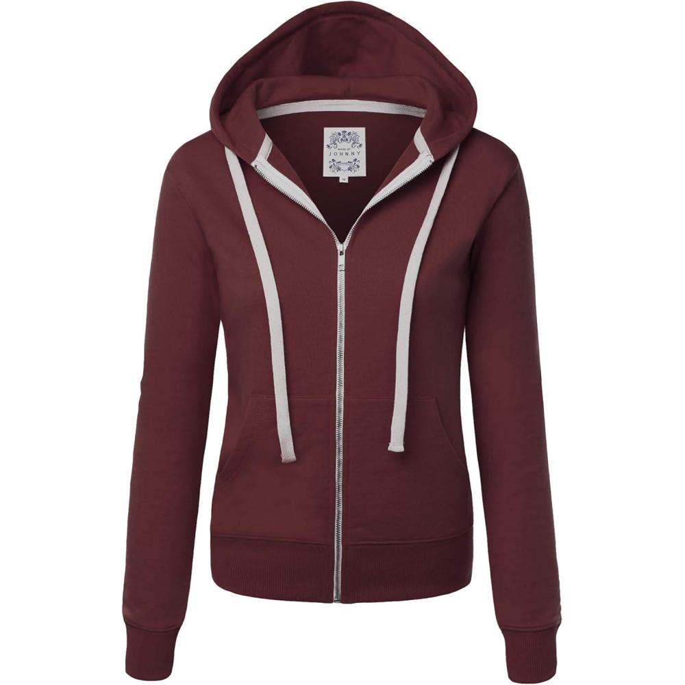 imageMade By Johnny Womens Active Casual Zipup Hoodie Jacket Long Sleeve Comfortable Lightweight SweatshirtWsk954wine
