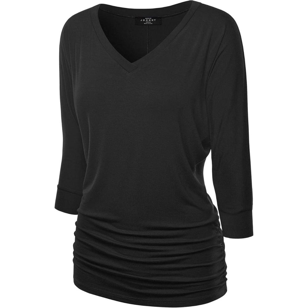 imageMade By Johnny Womens Casual Boat Neck and VNeck 34 Sleeve Draped Dolman Top with Side Shirring Premium ShirtWt1036black