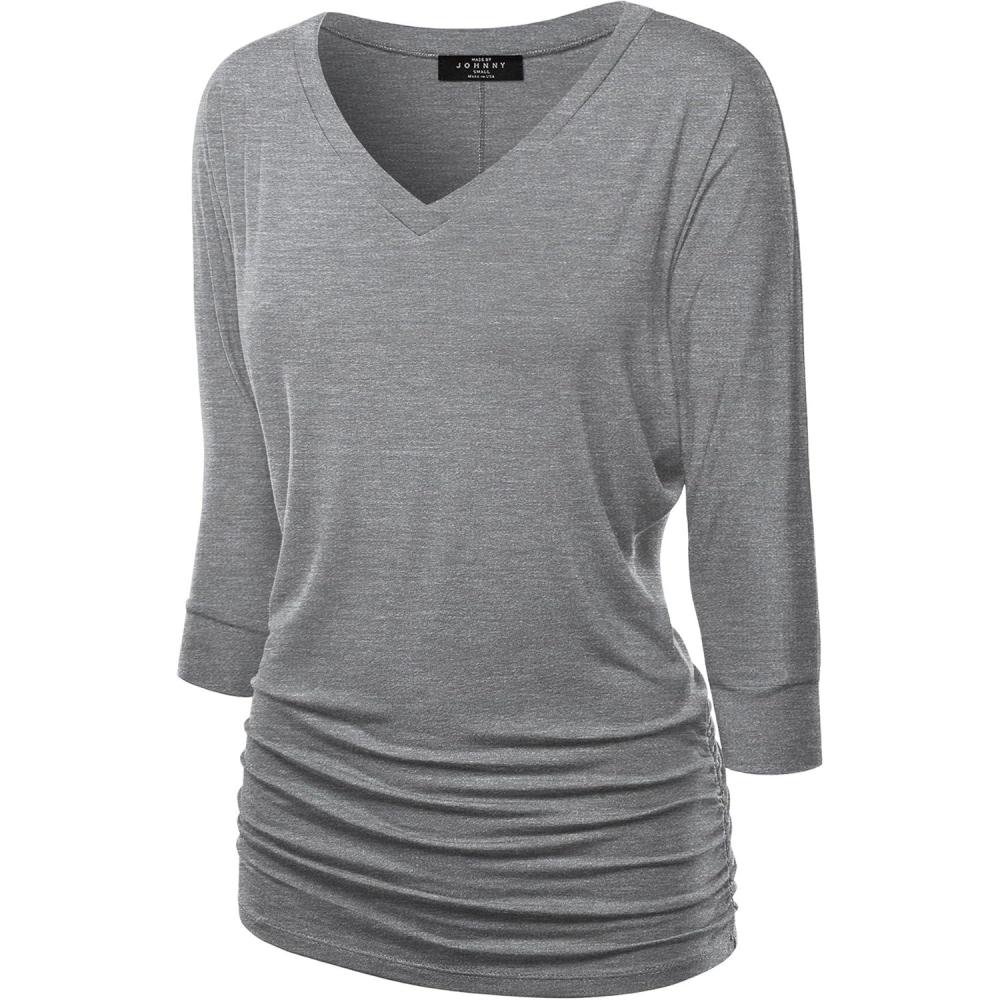 imageMade By Johnny Womens Casual Boat Neck and VNeck 34 Sleeve Draped Dolman Top with Side Shirring Premium ShirtWt1036heatherdarkgrey