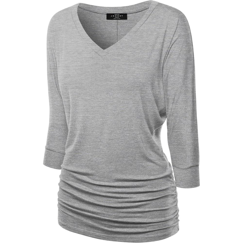 imageMade By Johnny Womens Casual Boat Neck and VNeck 34 Sleeve Draped Dolman Top with Side Shirring Premium ShirtWt1036heathergrey