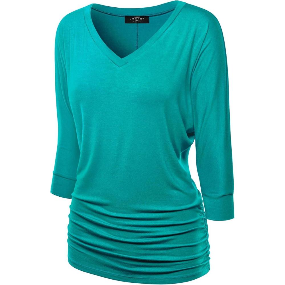 imageMade By Johnny Womens Casual Boat Neck and VNeck 34 Sleeve Draped Dolman Top with Side Shirring Premium ShirtWt1036jade