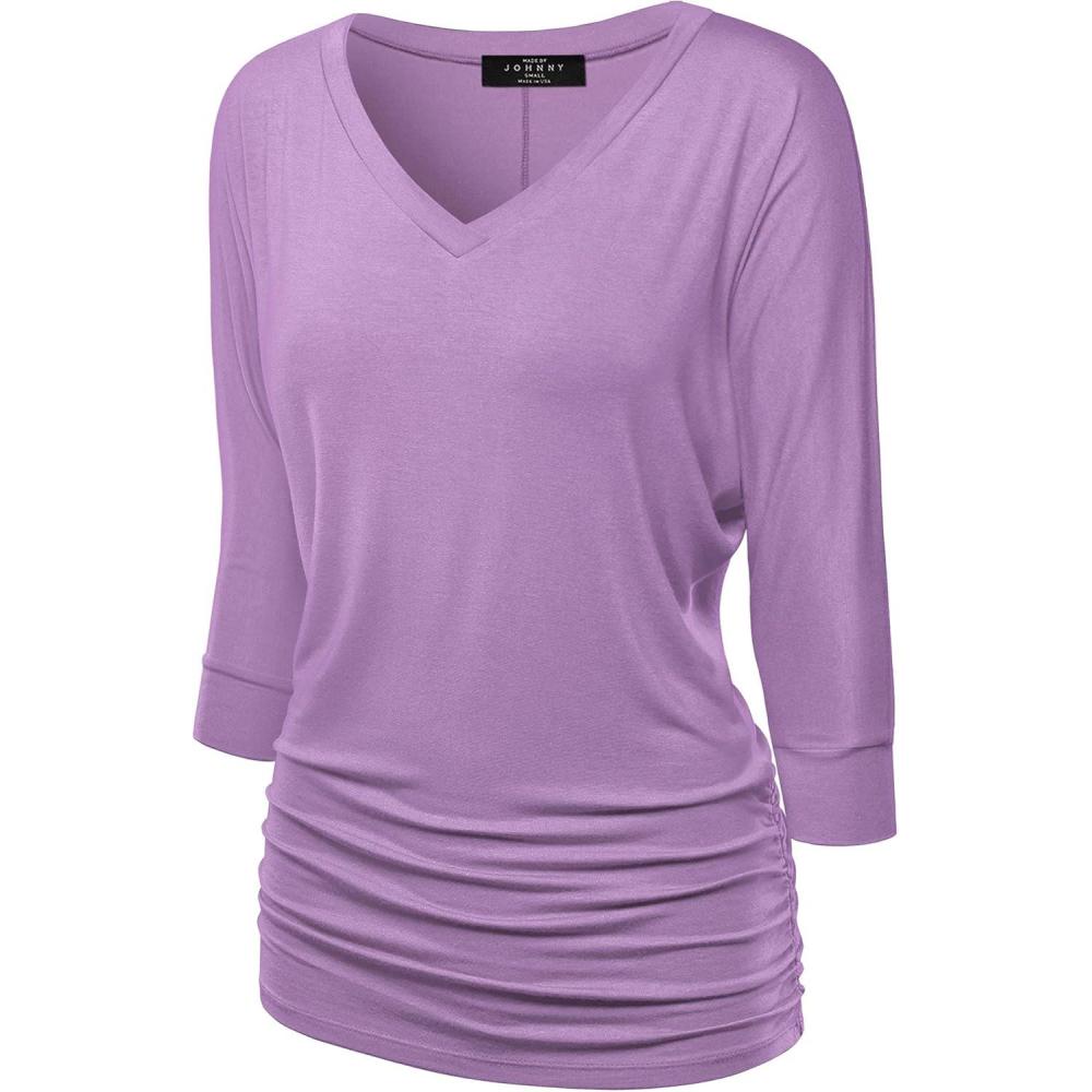 imageMade By Johnny Womens Casual Boat Neck and VNeck 34 Sleeve Draped Dolman Top with Side Shirring Premium ShirtWt1036lilac