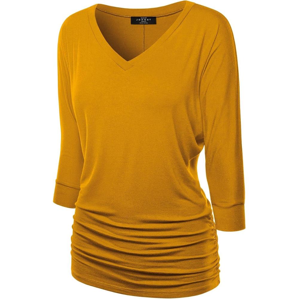 imageMade By Johnny Womens Casual Boat Neck and VNeck 34 Sleeve Draped Dolman Top with Side Shirring Premium ShirtWt1036mustard