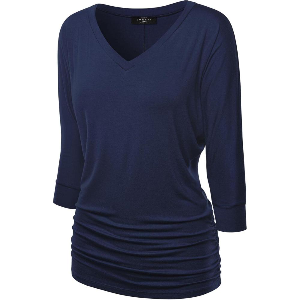 imageMade By Johnny Womens Casual Boat Neck and VNeck 34 Sleeve Draped Dolman Top with Side Shirring Premium ShirtWt1036navy