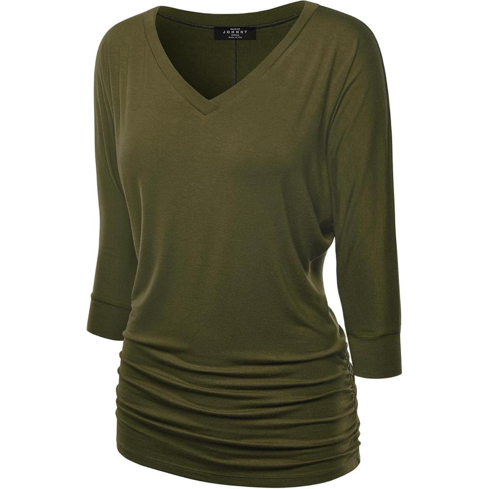 imageMade By Johnny Womens Casual Boat Neck and VNeck 34 Sleeve Draped Dolman Top with Side Shirring Premium ShirtWt1036olive