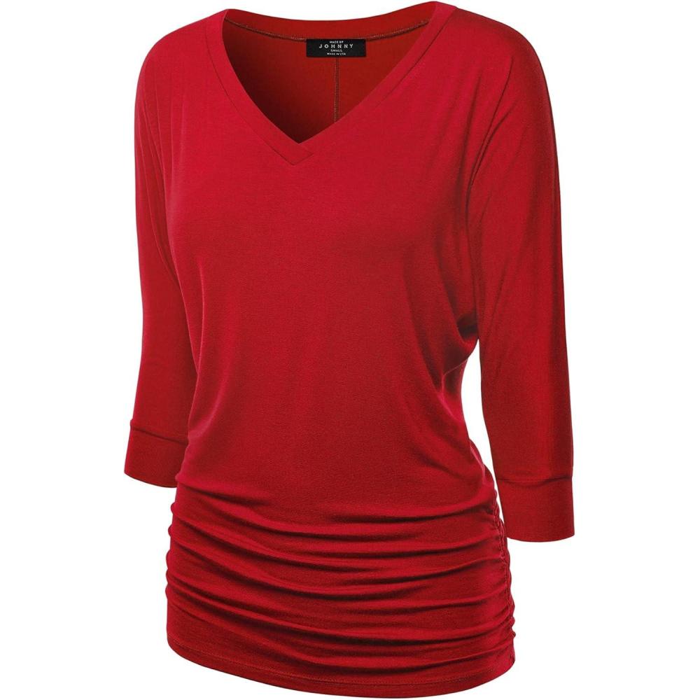 imageMade By Johnny Womens Casual Boat Neck and VNeck 34 Sleeve Draped Dolman Top with Side Shirring Premium ShirtWt1036red