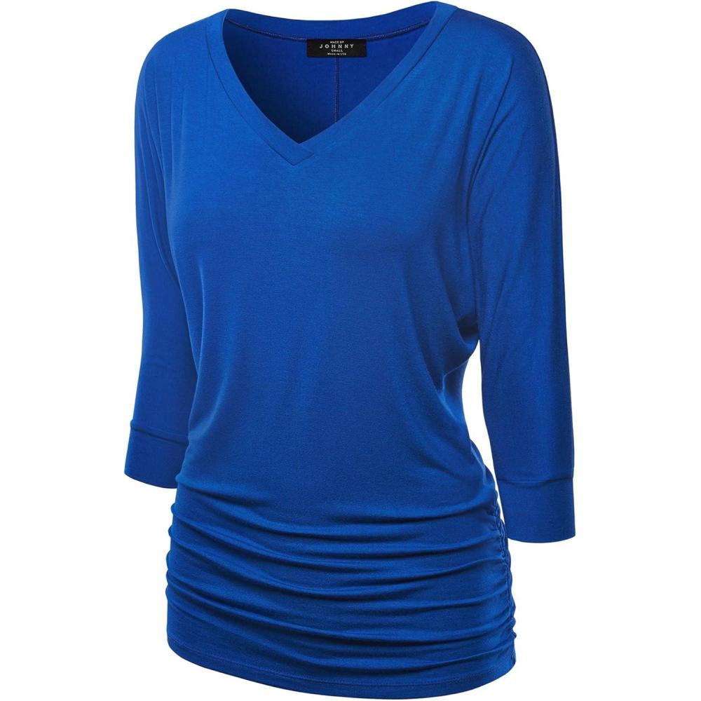imageMade By Johnny Womens Casual Boat Neck and VNeck 34 Sleeve Draped Dolman Top with Side Shirring Premium ShirtWt1036royalbrite