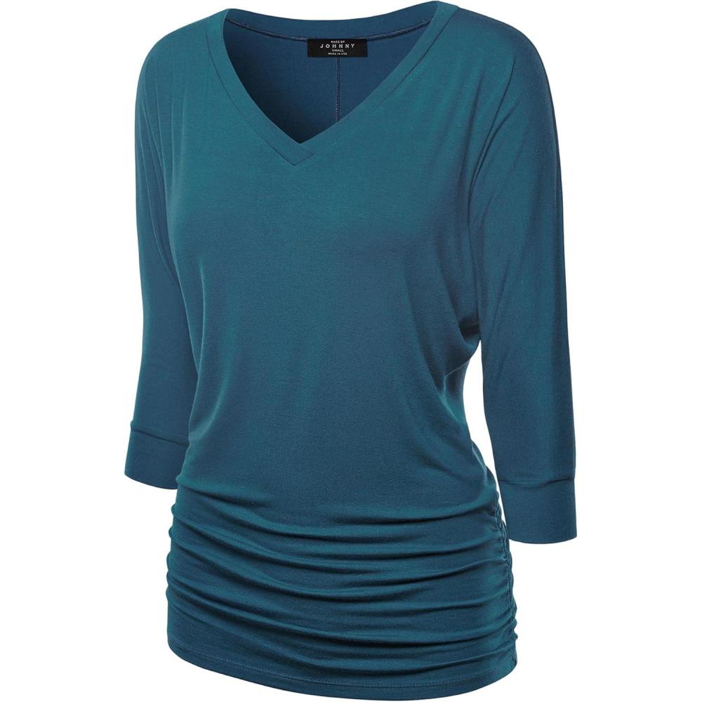 imageMade By Johnny Womens Casual Boat Neck and VNeck 34 Sleeve Draped Dolman Top with Side Shirring Premium ShirtWt1036teal