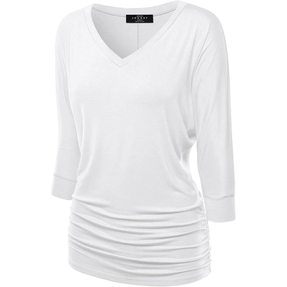 imageMade By Johnny Womens Casual Boat Neck and VNeck 34 Sleeve Draped Dolman Top with Side Shirring Premium ShirtWt1036white