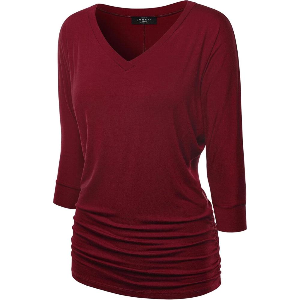 imageMade By Johnny Womens Casual Boat Neck and VNeck 34 Sleeve Draped Dolman Top with Side Shirring Premium ShirtWt1036wine