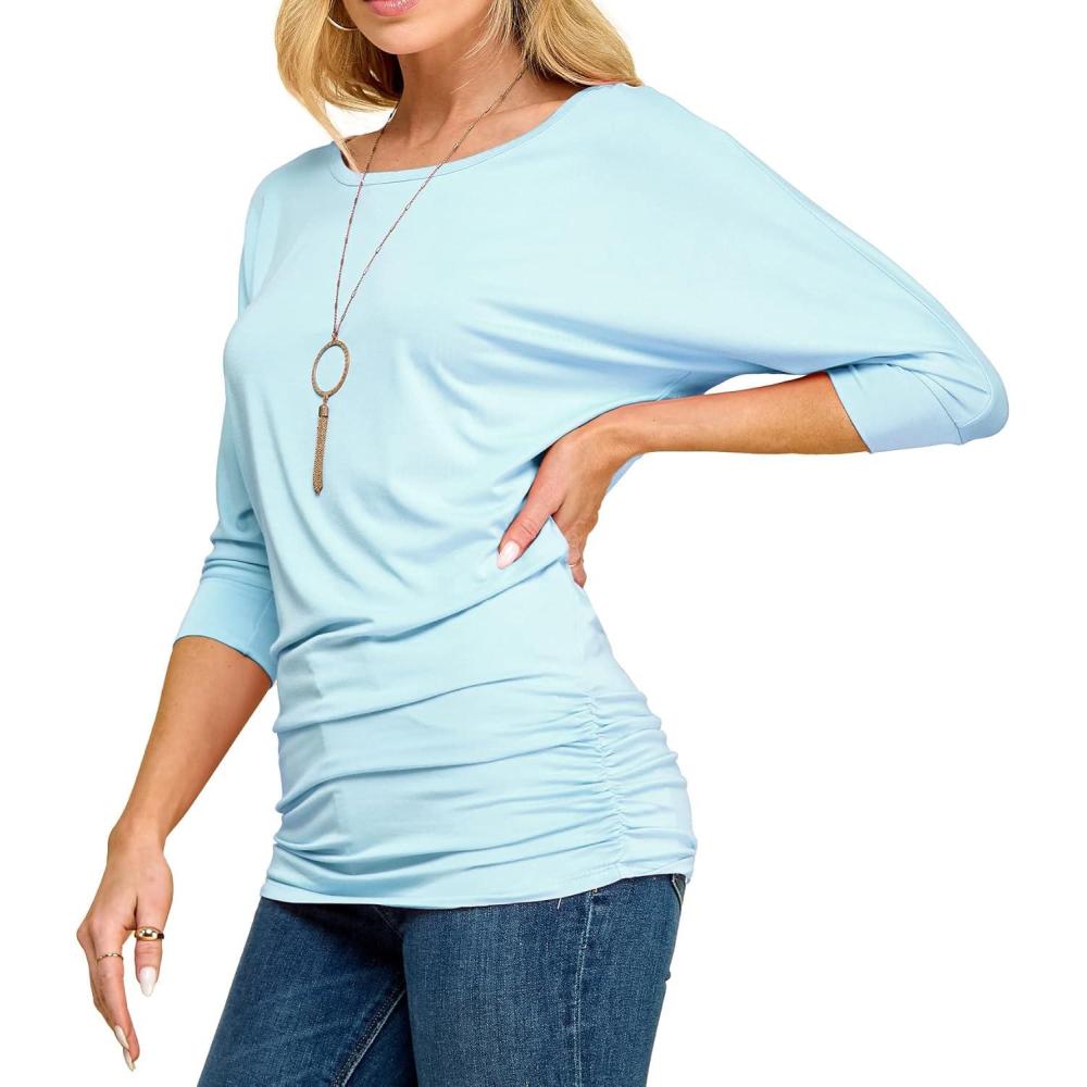imageMade By Johnny Womens Casual Boat Neck and VNeck 34 Sleeve Draped Dolman Top with Side Shirring Premium ShirtWt822aqua