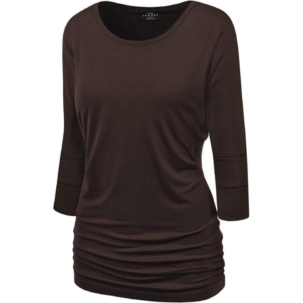 imageMade By Johnny Womens Casual Boat Neck and VNeck 34 Sleeve Draped Dolman Top with Side Shirring Premium ShirtWt822brown