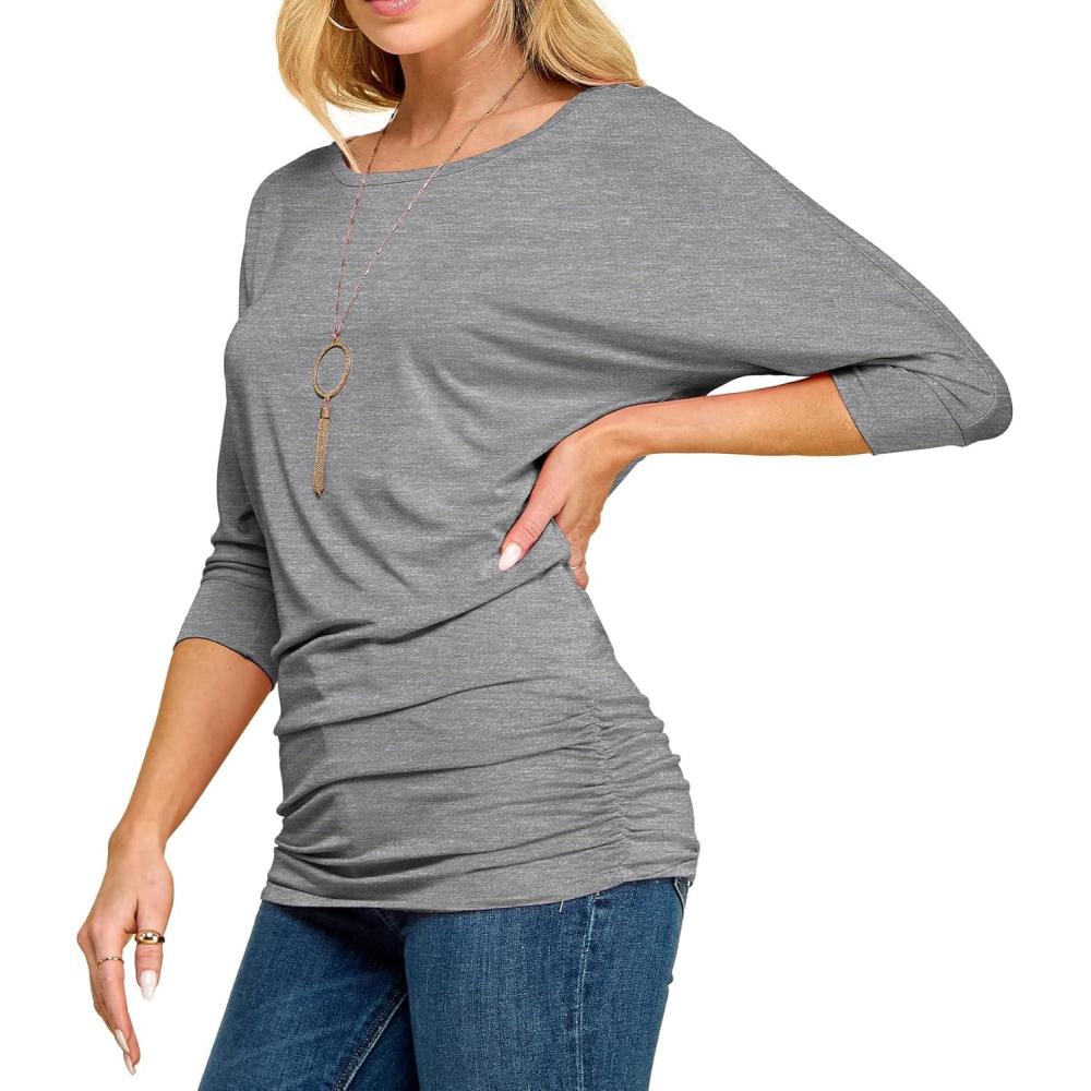 imageMade By Johnny Womens Casual Boat Neck and VNeck 34 Sleeve Draped Dolman Top with Side Shirring Premium ShirtWt822heatherdarkgrey
