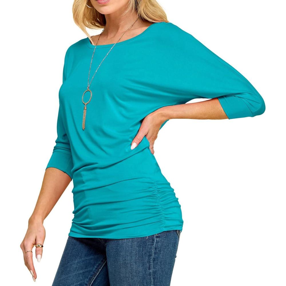 imageMade By Johnny Womens Casual Boat Neck and VNeck 34 Sleeve Draped Dolman Top with Side Shirring Premium ShirtWt822jade