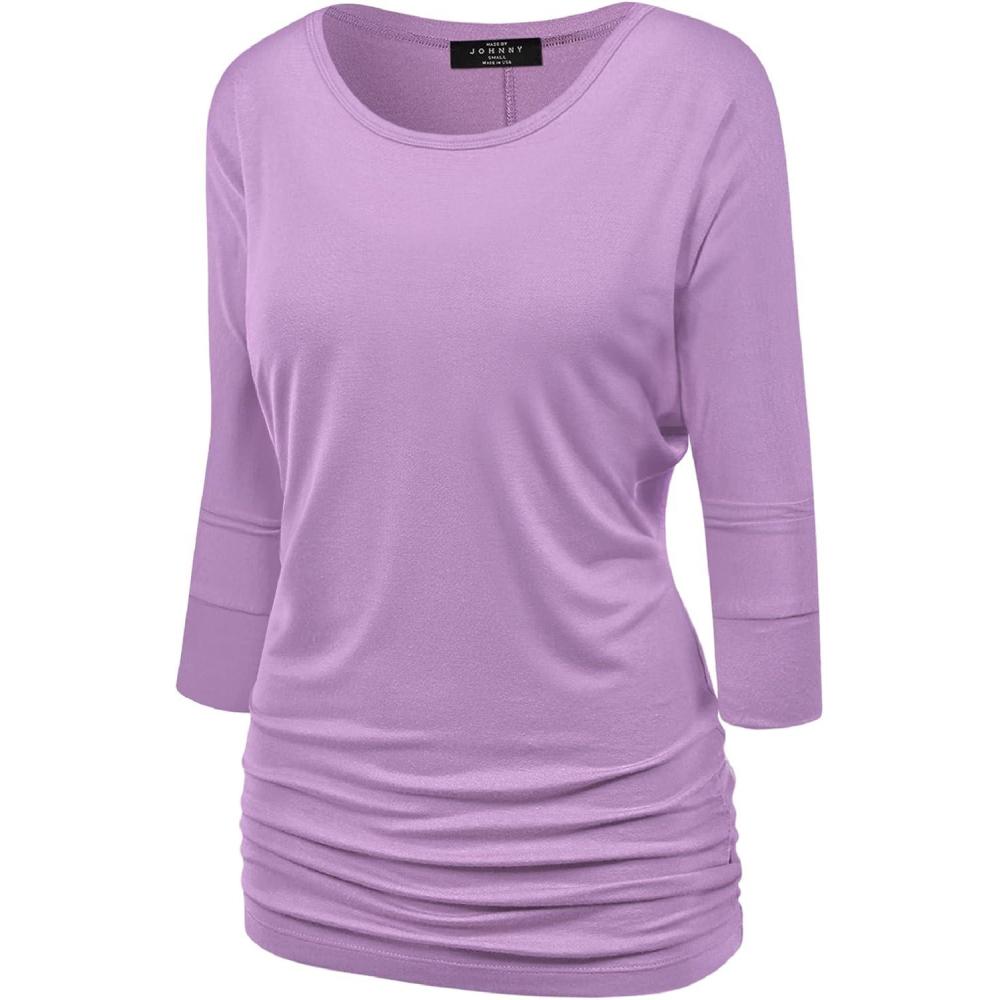 imageMade By Johnny Womens Casual Boat Neck and VNeck 34 Sleeve Draped Dolman Top with Side Shirring Premium ShirtWt822lilac