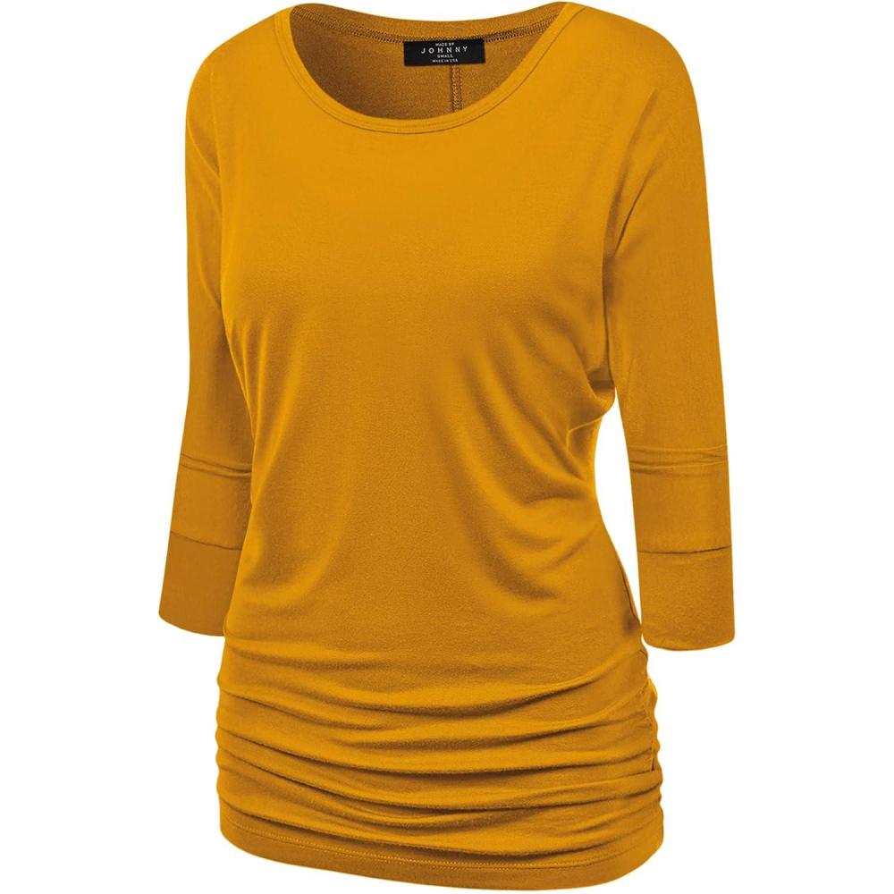 imageMade By Johnny Womens Casual Boat Neck and VNeck 34 Sleeve Draped Dolman Top with Side Shirring Premium ShirtWt822mustard