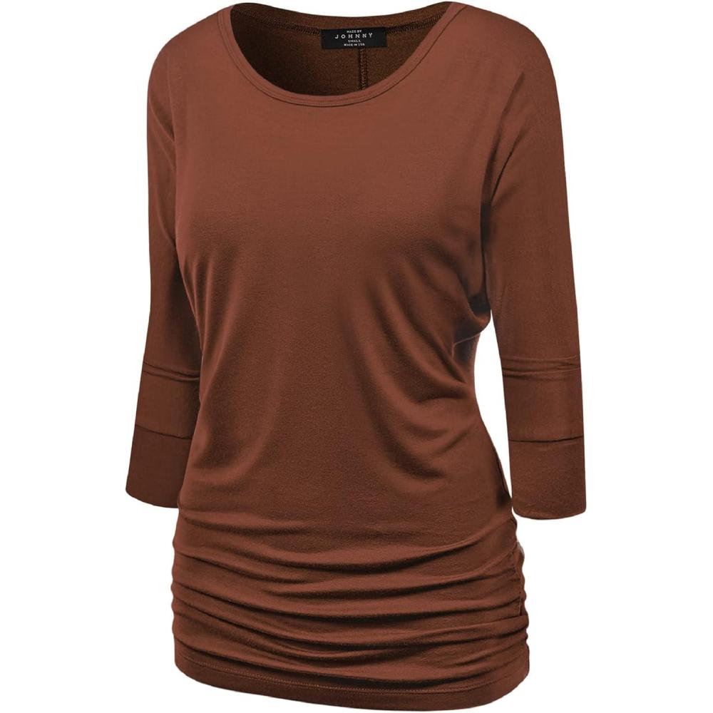 imageMade By Johnny Womens Casual Boat Neck and VNeck 34 Sleeve Draped Dolman Top with Side Shirring Premium ShirtWt822rust
