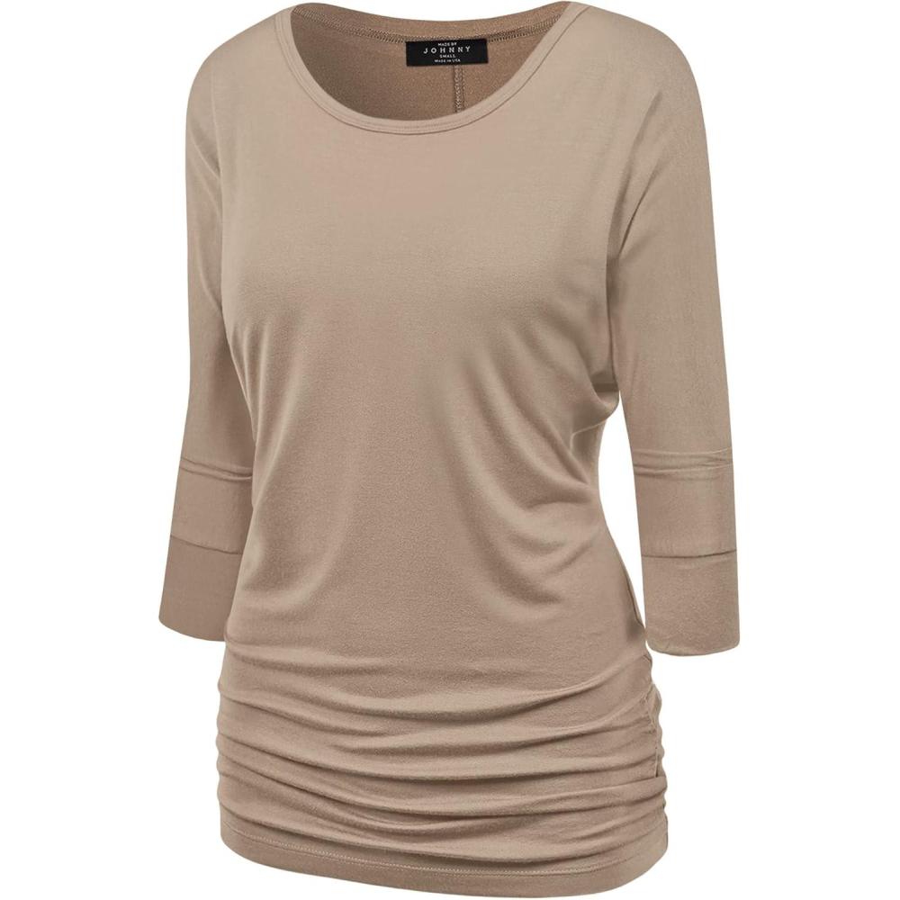 imageMade By Johnny Womens Casual Boat Neck and VNeck 34 Sleeve Draped Dolman Top with Side Shirring Premium ShirtWt822taupe