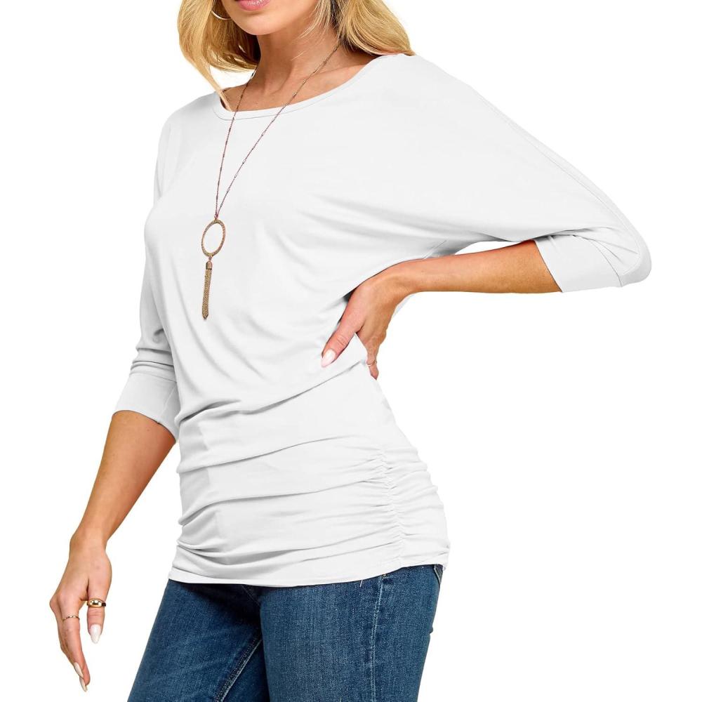 imageMade By Johnny Womens Casual Boat Neck and VNeck 34 Sleeve Draped Dolman Top with Side Shirring Premium ShirtWt822white