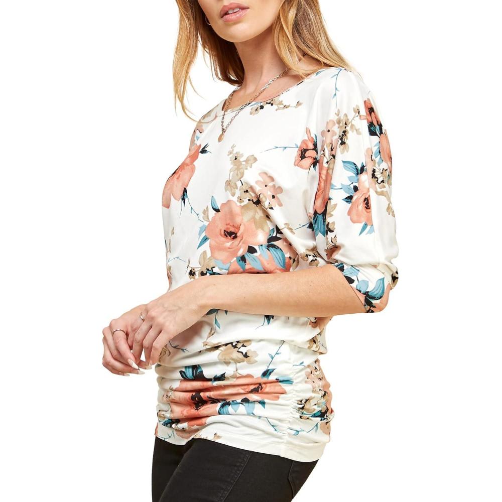 imageMade By Johnny Womens Casual Boat Neck and VNeck 34 Sleeve Draped Dolman Top with Side Shirring Premium ShirtWt822whitefloral