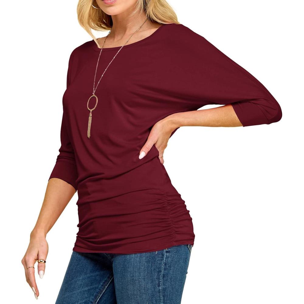 imageMade By Johnny Womens Casual Boat Neck and VNeck 34 Sleeve Draped Dolman Top with Side Shirring Premium ShirtWt822wine