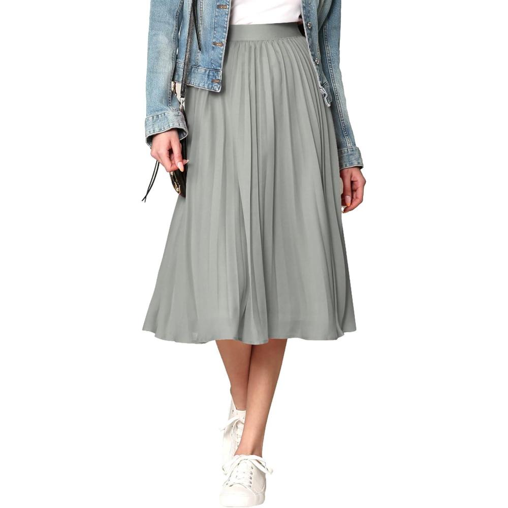 imageMade By Johnny Womens High Elastic Waist Pleated Mid ALine Swing SkirtWb2371grey