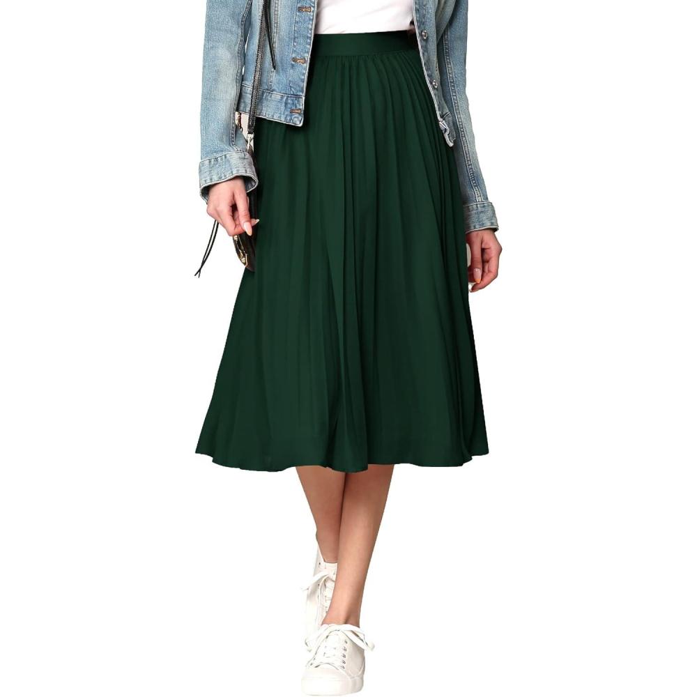 imageMade By Johnny Womens High Elastic Waist Pleated Mid ALine Swing SkirtWb2371huntergreen