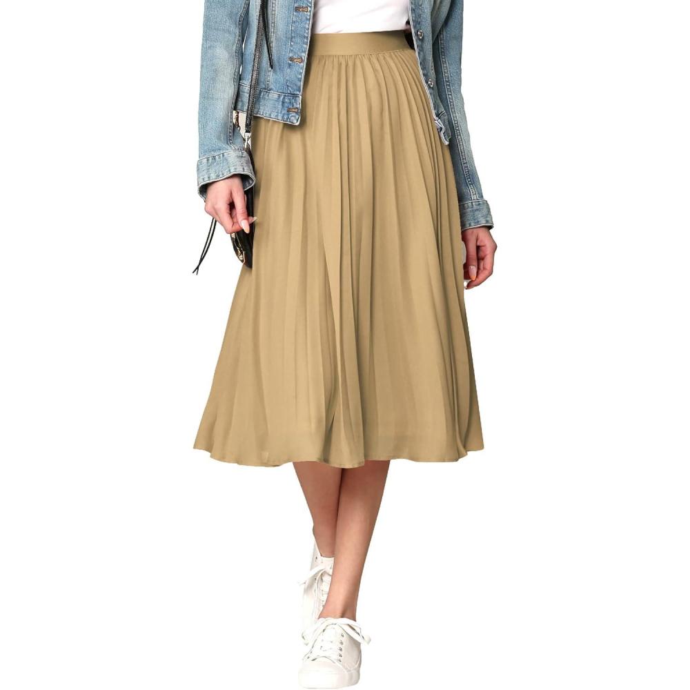imageMade By Johnny Womens High Elastic Waist Pleated Mid ALine Swing SkirtWb2371khaki