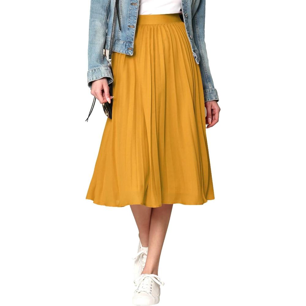 imageMade By Johnny Womens High Elastic Waist Pleated Mid ALine Swing SkirtWb2371mustard