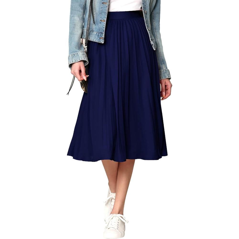 imageMade By Johnny Womens High Elastic Waist Pleated Mid ALine Swing SkirtWb2371navy