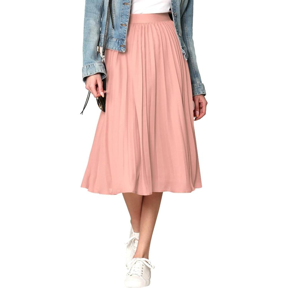 imageMade By Johnny Womens High Elastic Waist Pleated Mid ALine Swing SkirtWb2371pink