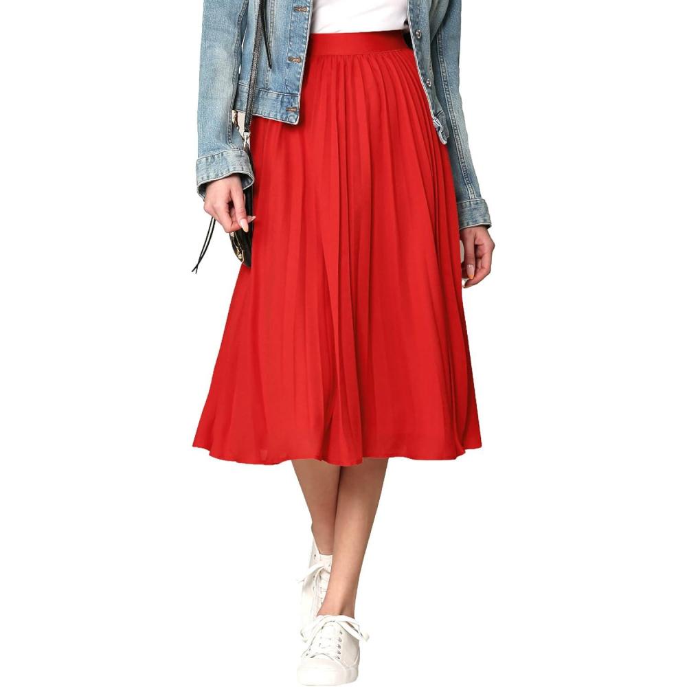imageMade By Johnny Womens High Elastic Waist Pleated Mid ALine Swing SkirtWb2371red