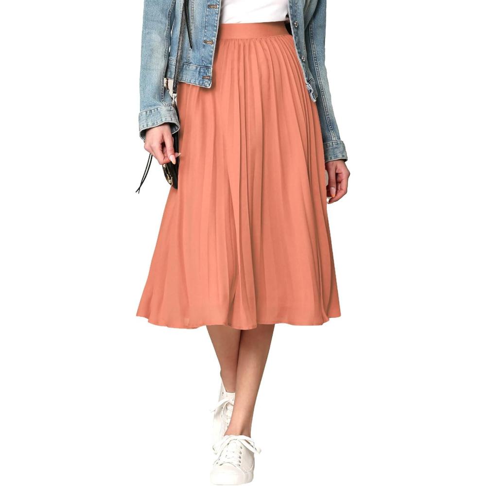 imageMade By Johnny Womens High Elastic Waist Pleated Mid ALine Swing SkirtWb2371salmon
