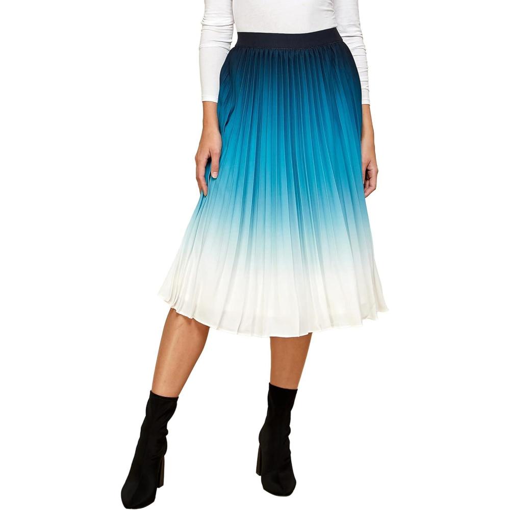 imageMade By Johnny Womens High Elastic Waist Pleated Mid ALine Swing SkirtWb2371tealombre