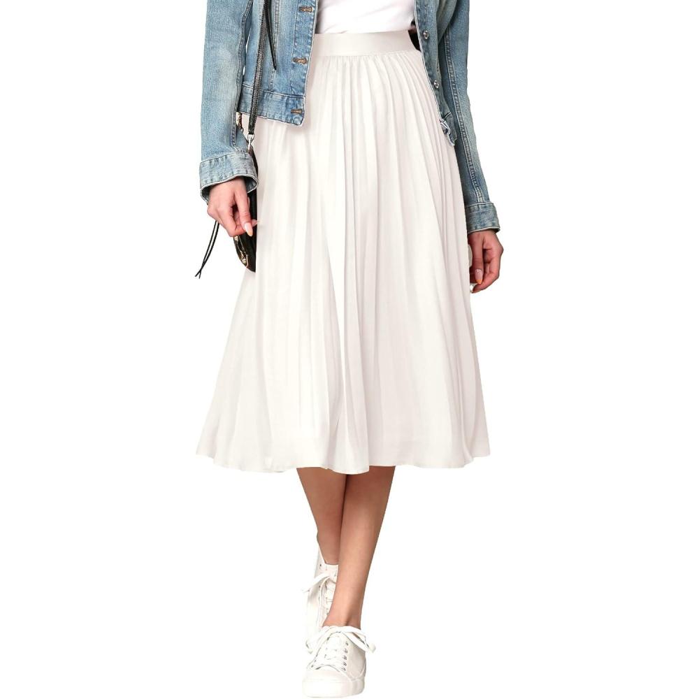imageMade By Johnny Womens High Elastic Waist Pleated Mid ALine Swing SkirtWb2371white