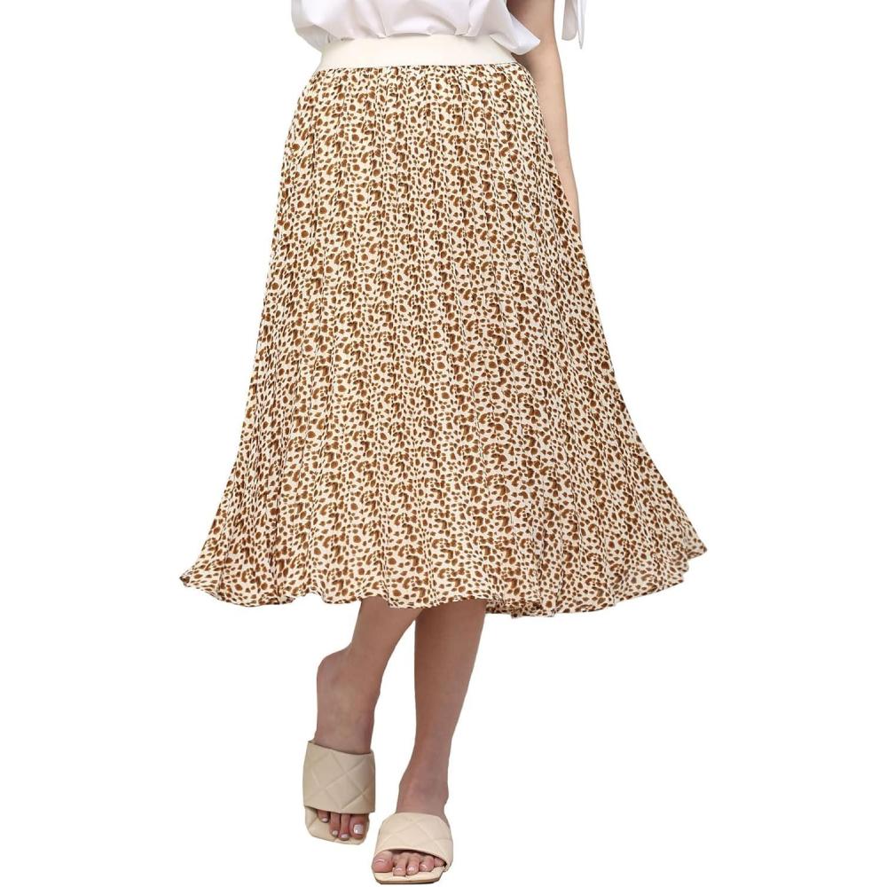 imageMade By Johnny Womens High Elastic Waist Pleated Mid ALine Swing SkirtWb2371whitecamel