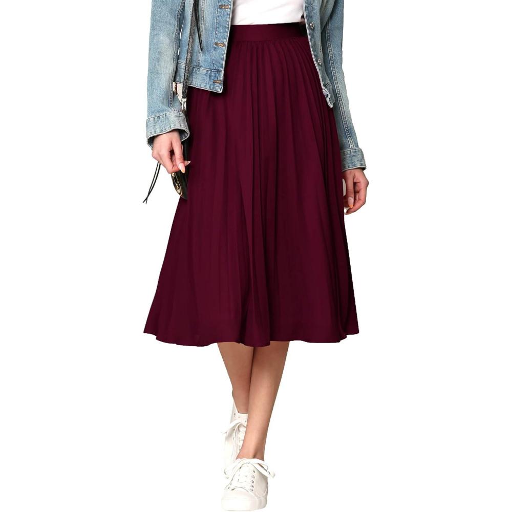 imageMade By Johnny Womens High Elastic Waist Pleated Mid ALine Swing SkirtWb2371wine