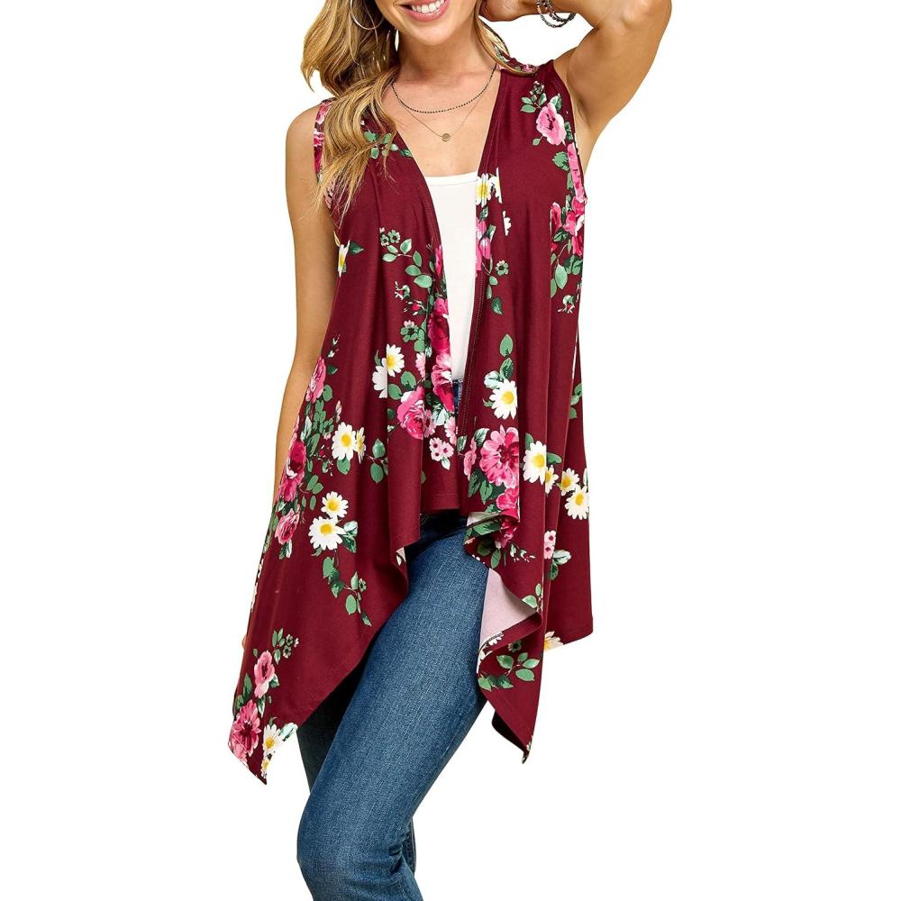 imageMade By Johnny Womens Lightweight Sleeveless Draped Open CardiganWsk1071winefloral