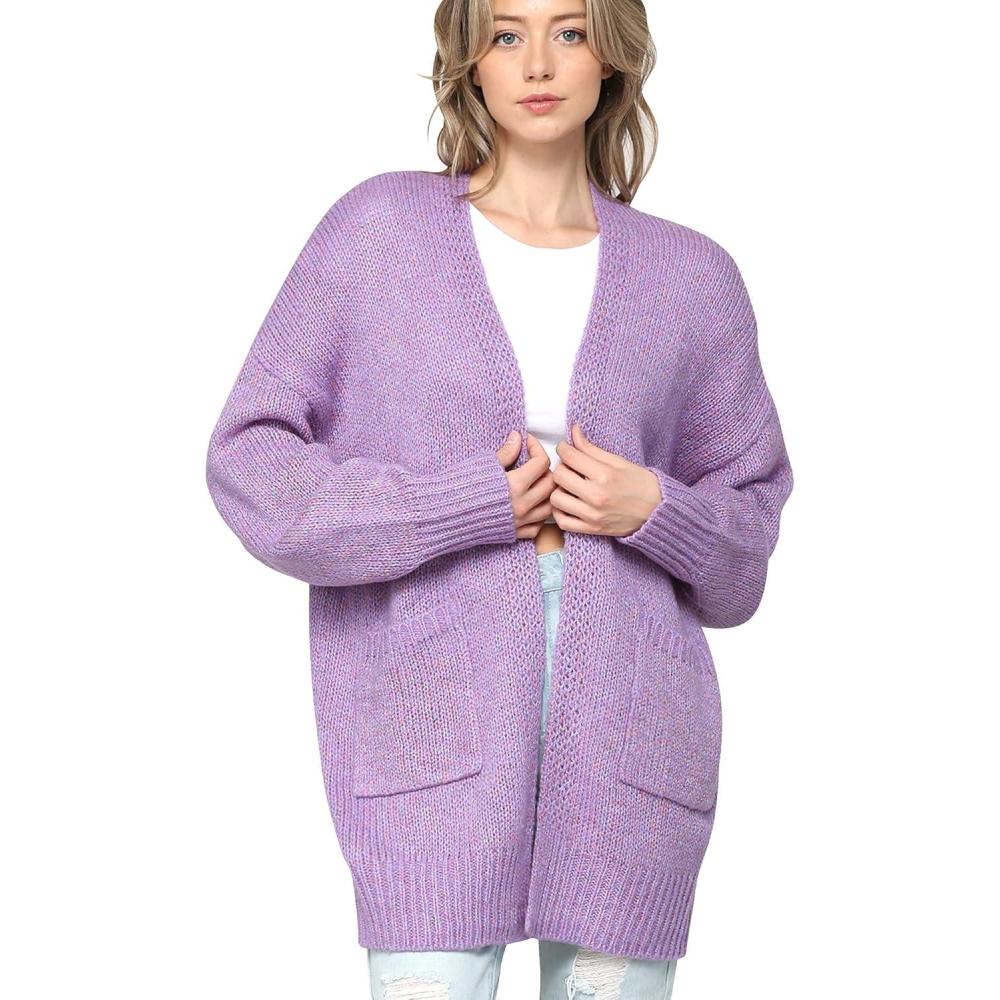 imageMade By Johnny Womens Long Sleeve Open Front Chunky Knit Batwing Warm and Comfy Cardigan Loose Baggy Sweater with PocketWsk2380lilac