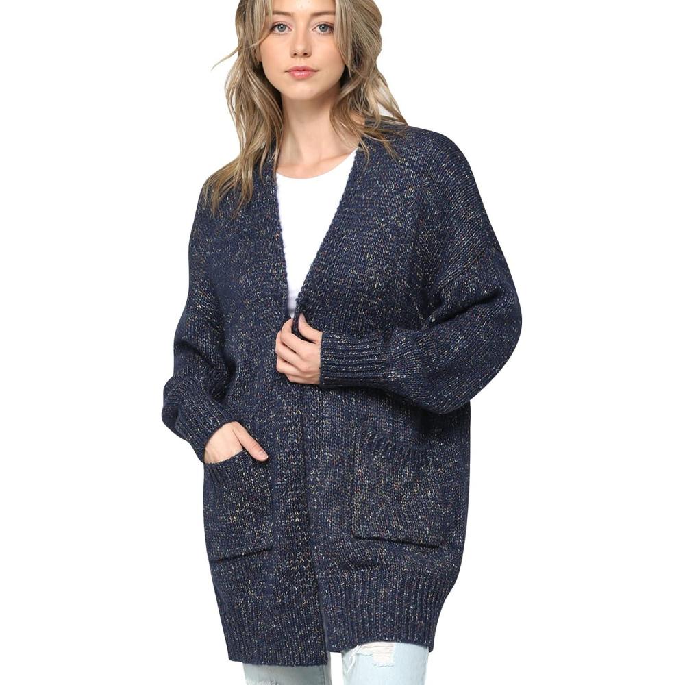 imageMade By Johnny Womens Long Sleeve Open Front Chunky Knit Batwing Warm and Comfy Cardigan Loose Baggy Sweater with PocketWsk2380navy