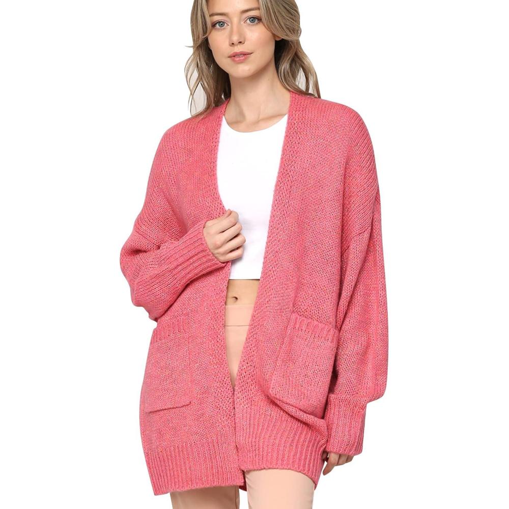 imageMade By Johnny Womens Long Sleeve Open Front Chunky Knit Batwing Warm and Comfy Cardigan Loose Baggy Sweater with PocketWsk2380pink